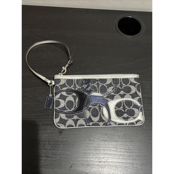 Coach Blue Silver Logo Monogram Wristlet Wallet Purse Clutch Retro EUC - Picture 1 of 8